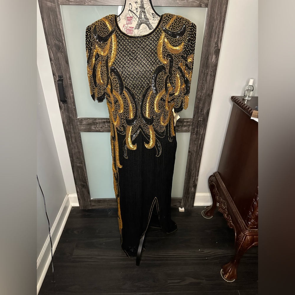 Riva Designs Black and Gold Beaded Dress